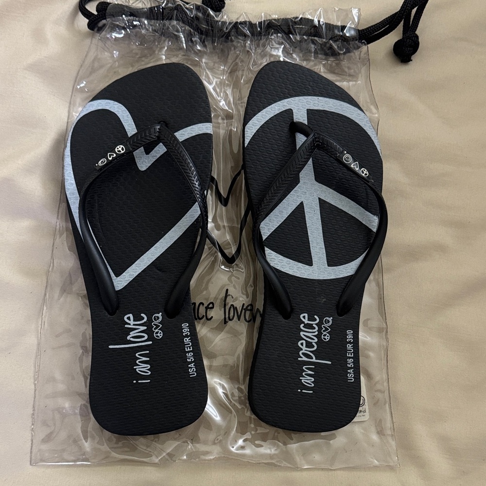 Black Flip Flops with Peace Sign Design